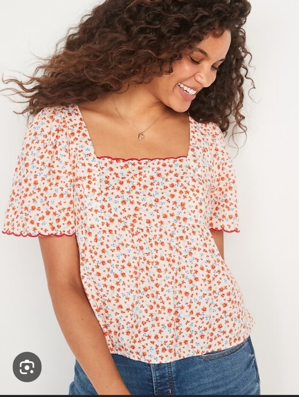 Old Navy Plus Size 2x: Floral Square-Neck Flutter Sleeve Top: White Orange Red